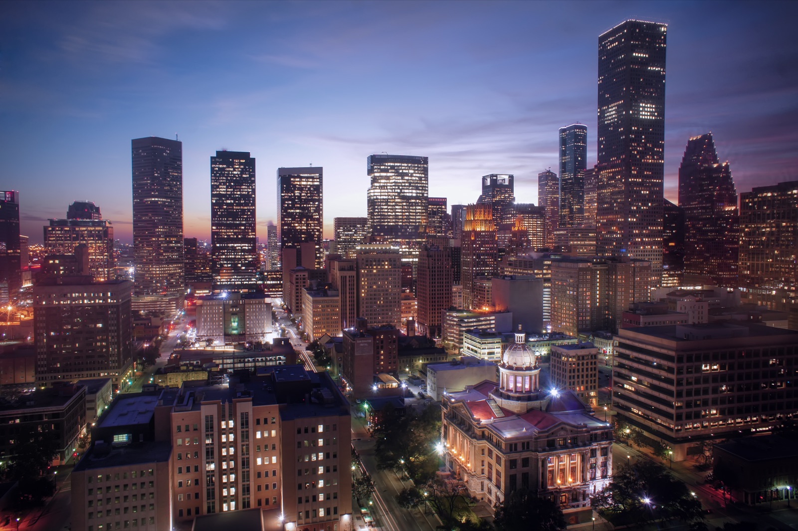 Houston skyline illuminated after sunset