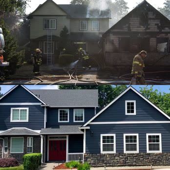 Illustrative before-and-after view of fire damage and a restored property